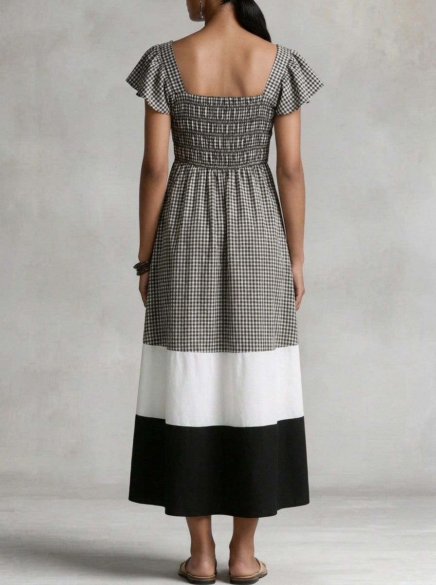 Vestito midi da donna in cotone e lino con scollo quadrato, maniche a volant e motivo a blocchi di colore gingham