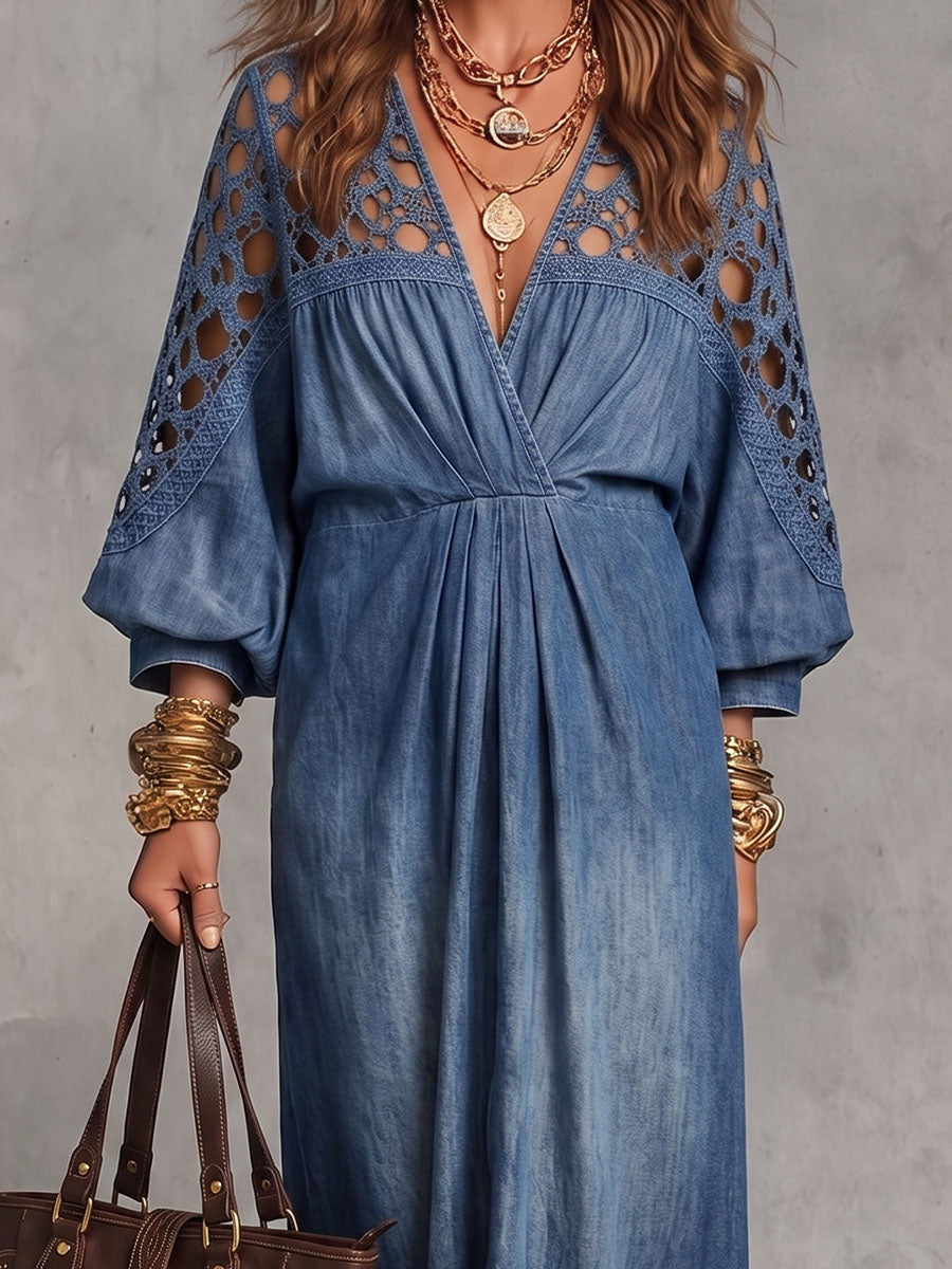 Vestito vintage elegante in denim con inserti in pizzo e patchwork cut-out