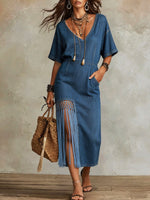 Vestito midi in denim da donna con scollo a V, maniche corte, frange, spacco e tasche