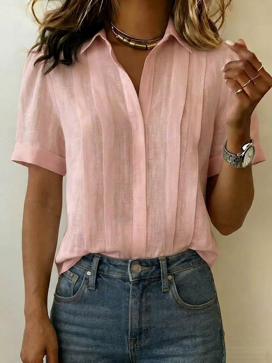 Camicia da donna con colletto, maniche corte, casual, ampia, plissettata, in cotone e lino