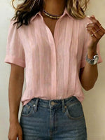 Camicia da donna con colletto, maniche corte, casual, ampia, plissettata, in cotone e lino