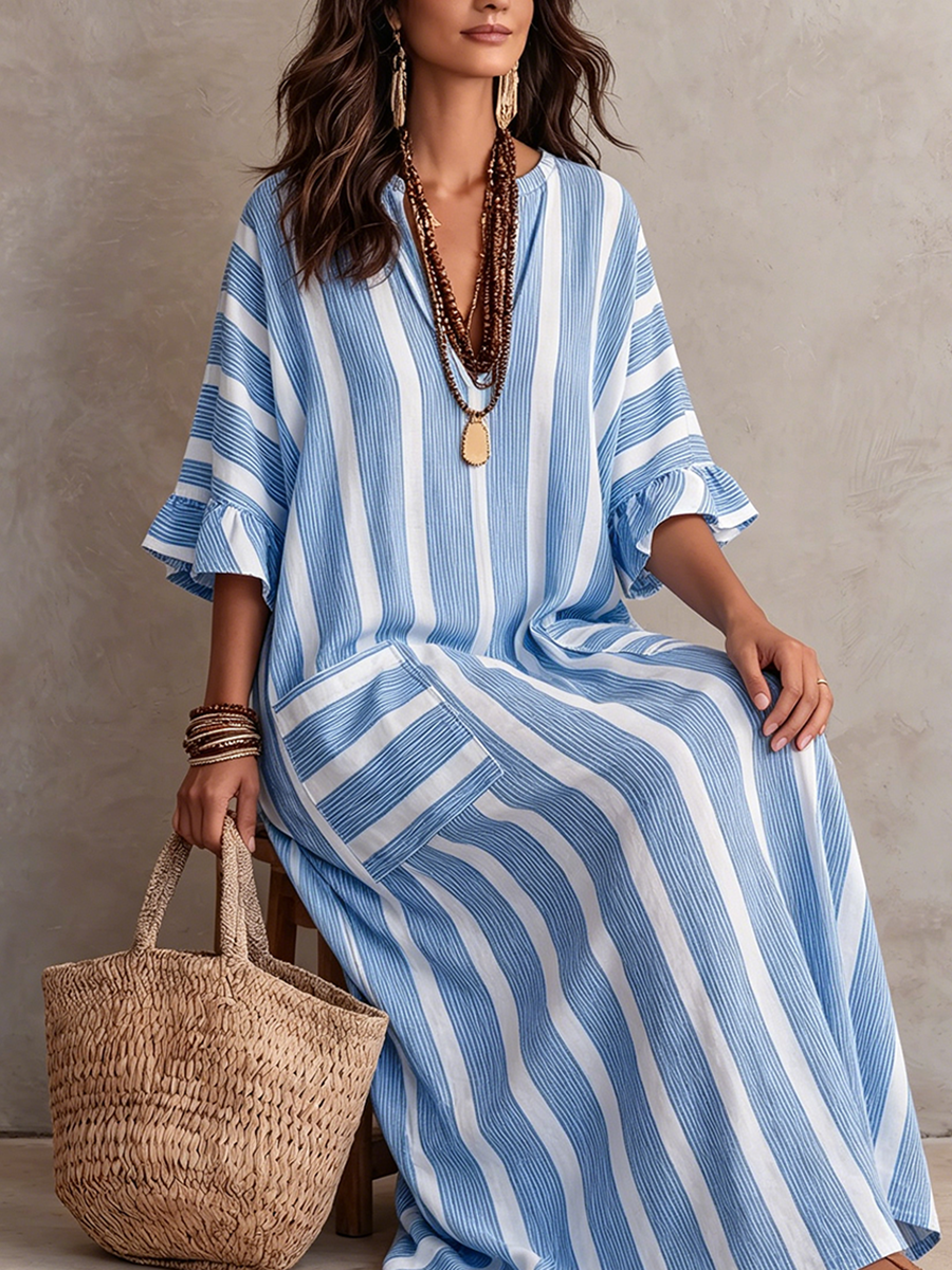 Robe maxi rayée en coton-lin confortable avec poches