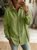 Camicia casual a maniche lunghe in lino e cotone con inserto in nastro traforato