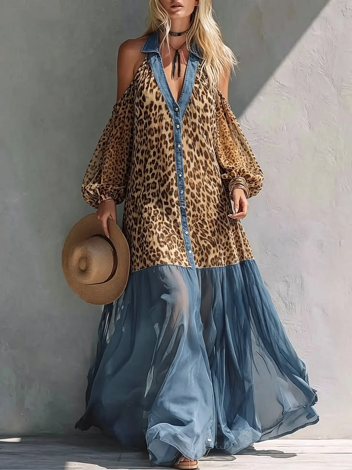 Maxikleid für Damen mit Leopardenmuster, Chiffon, Denim-Patchwork und schulterfreiem Design