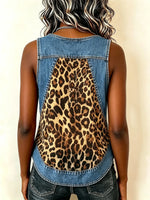 Top casual da donna con scollo a U, patchwork in denim e stampa leopardata