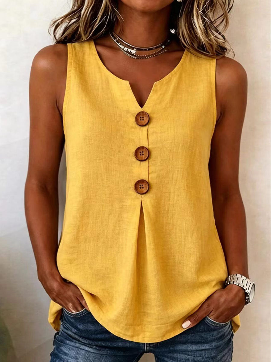 Top casual da donna in cotone e lino, senza maniche, scollo a V, tinta unita, vestibilità ampia