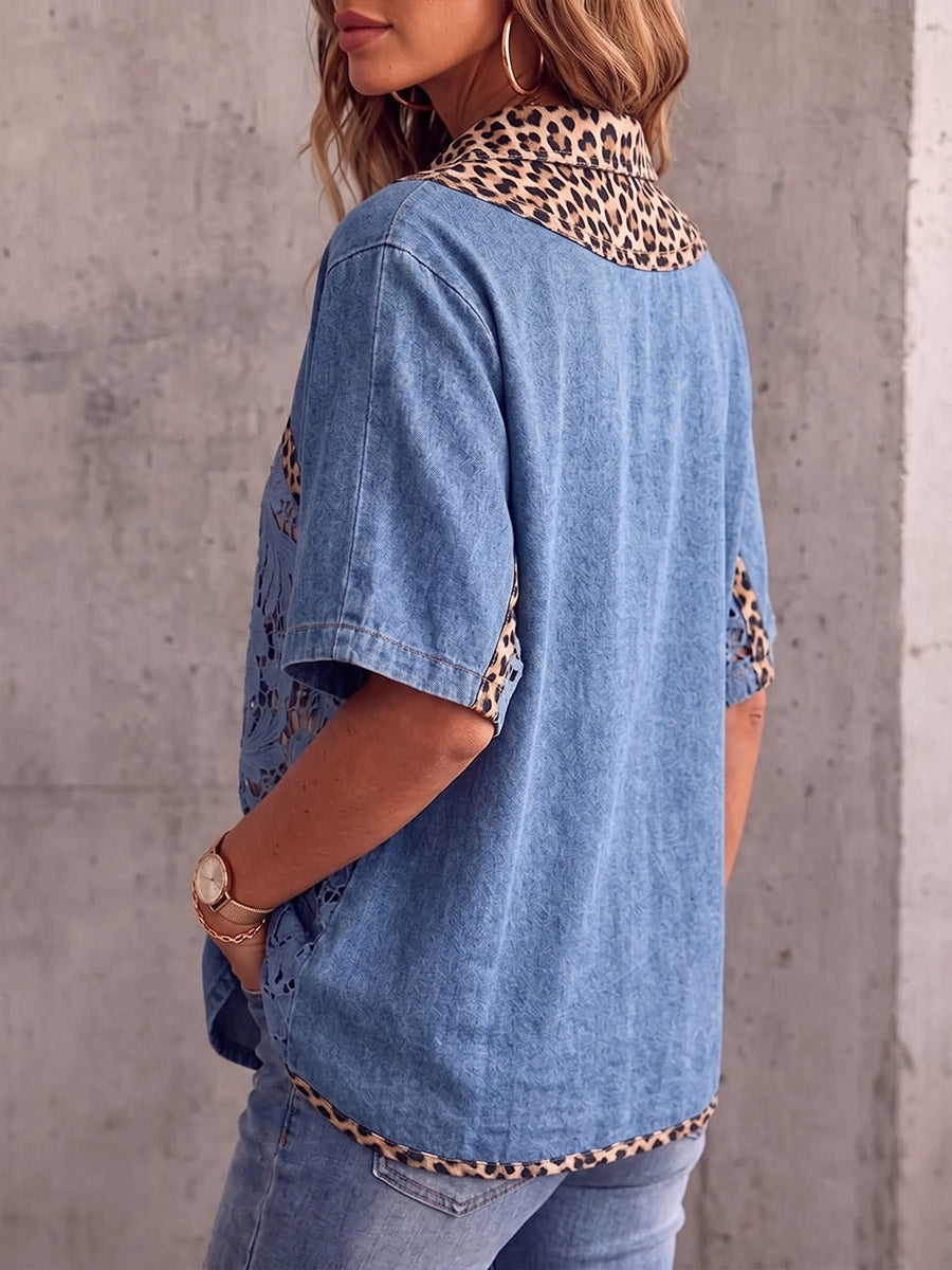 Vintage Elegantes Patchwork-Jeanshemd mit Leoparden-Cut-Outs