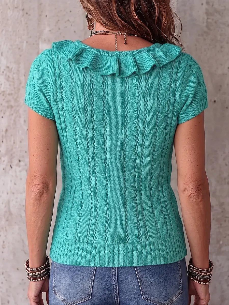 Boho-Chic Türkisfarbenes, kabelgestricktes Top mit Rüschen und V-Ausschnitt