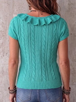 Boho-Chic Türkisfarbenes, kabelgestricktes Top mit Rüschen und V-Ausschnitt