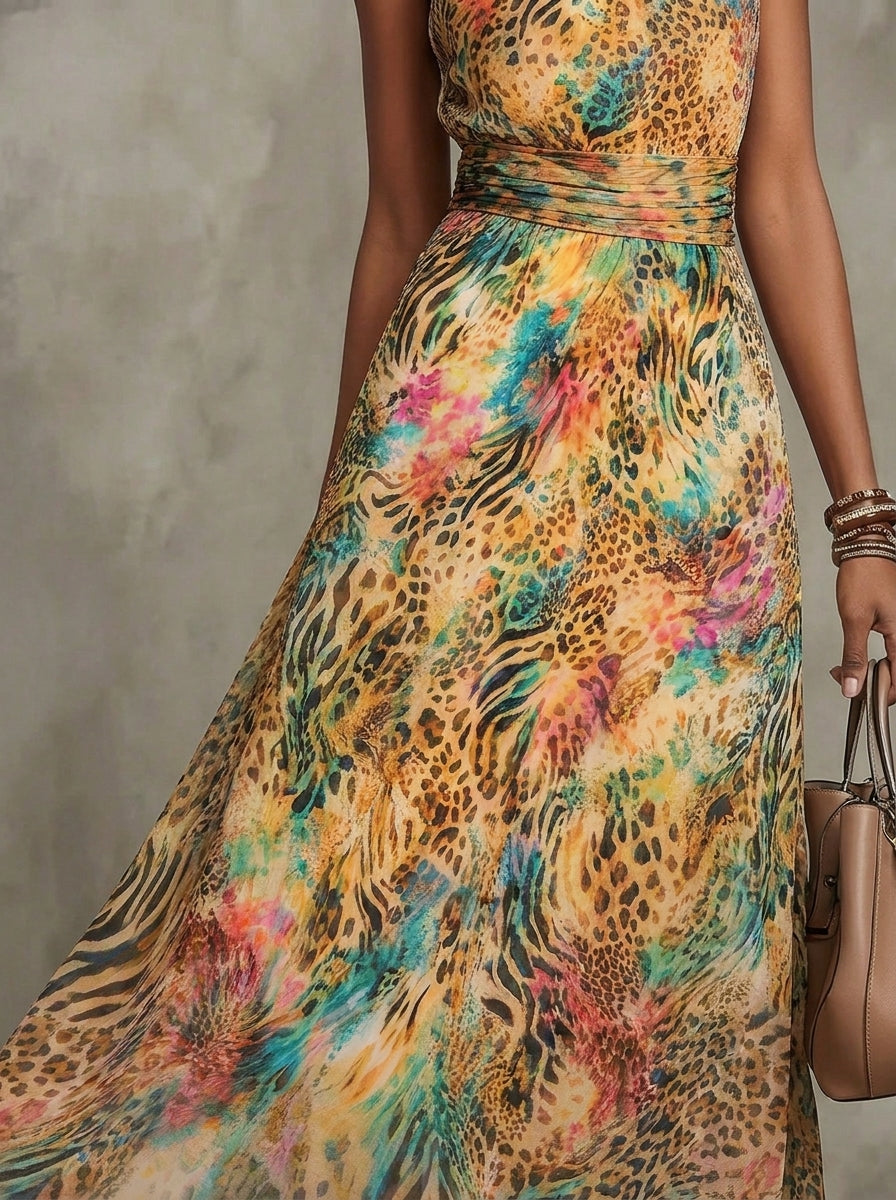 Damen Maxikleid mit Neckholder, buntem Tiermuster, Chiffon und Taschen