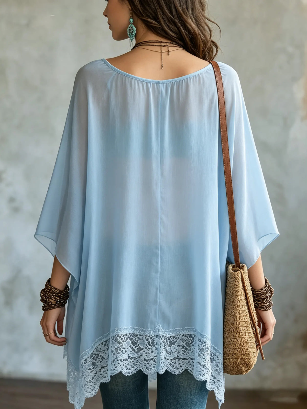 Blusa de gasa transparente para mujer con encaje y bajo asimétrico
