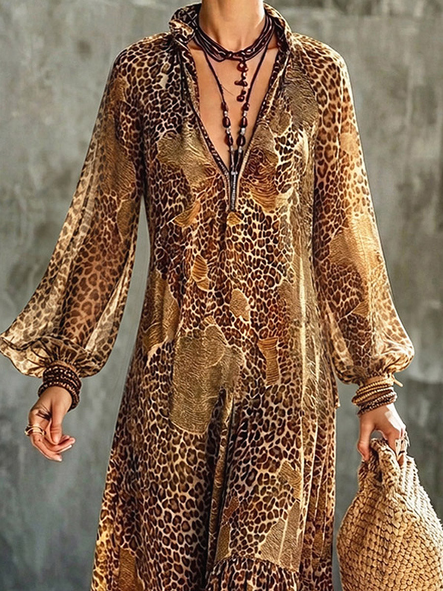 Retro Leopardenmuster Locker Elegantes Kunstvolles Freizeitkleid mit langen Ärmeln aus Chiffon