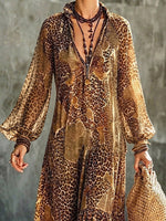 Retro Leopardenmuster Locker Elegantes Kunstvolles Freizeitkleid mit langen Ärmeln aus Chiffon