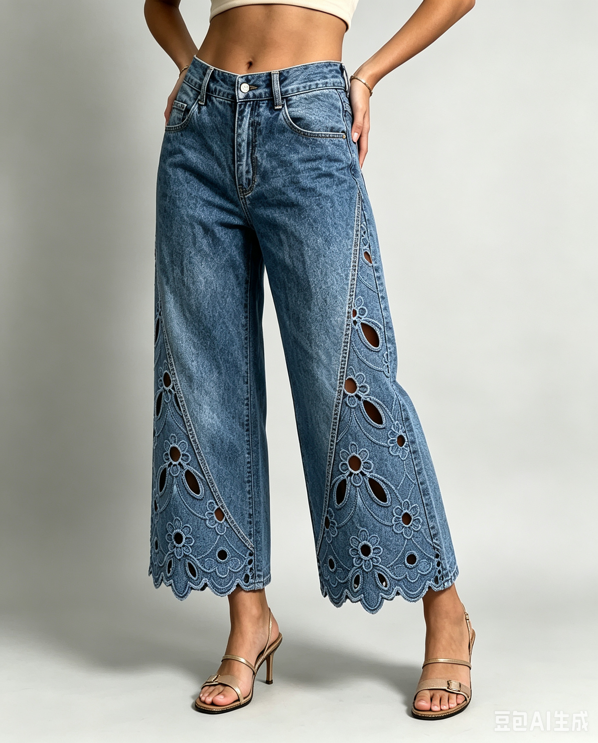 Jeans a gamba larga corti con ritagli floreali chic