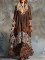 Boho Vintage Leoparden-Tiger-Kontrast Splice V-Ausschnitt 3/4-Arm Fließendes Überwurf-Kleid bis zum Knöchel Maxi Kleid