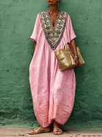 Boho-Blumenmuster Baumwoll-Leinen Kaftan Maxikleid