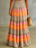 Dames Azteekse geometrische print gesmokte hoge taille gelaagde maxi rok