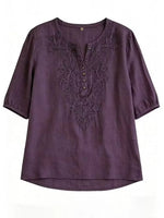 Blusa de manga corta con cuello redondo para mujer, de algodón y lino, bordada y de corte holgado