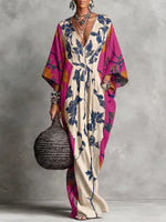 Lebhafter botanischer Maxikaftan mit V-Ausschnitt und Paneelen
