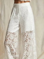 Damenhose mit breitem Bein, einfarbig, mit Blumen-Spitze, lässig