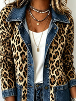 Damenjacke im Shacket-Stil mit Leopardenmuster, Patchwork-Design, Jeansstoff, Reverskragen und Knopfleiste