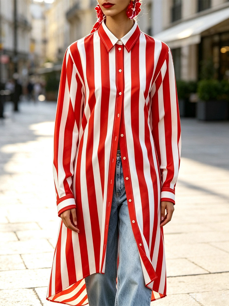Camisa Casual Estilosa de Manga Comprida com Gola e Padrão Listrado Retro Chic