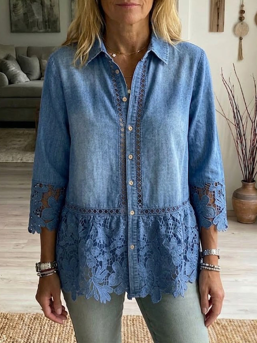 Lässiges Denim-Hemd mit Spitzen-Patchwork