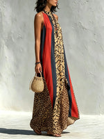 Vestido maxi de mujer con tirantes halter, estampado de leopardo, bloques de color y rayas con abertura.