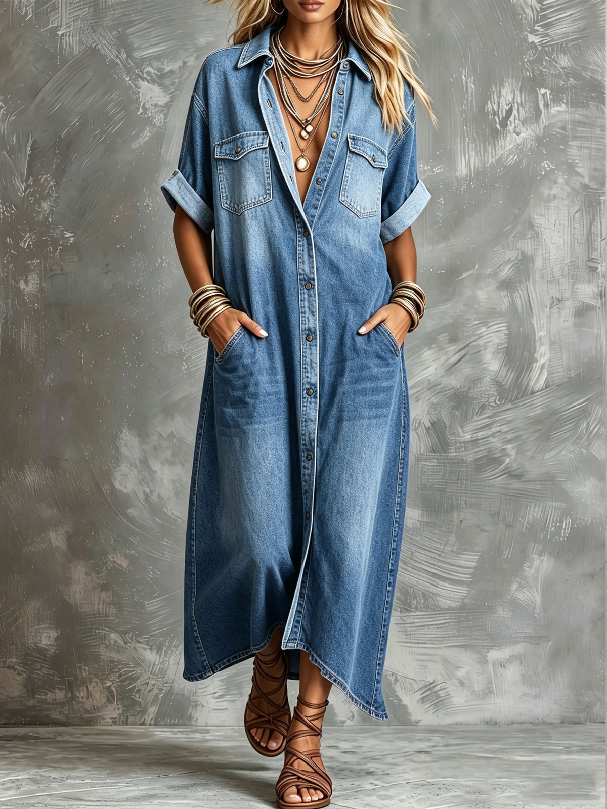 Damen Oversized Jeans-Maxi-Kleid mit langen Ärmeln, Umschlagmanschetten und Taschen
