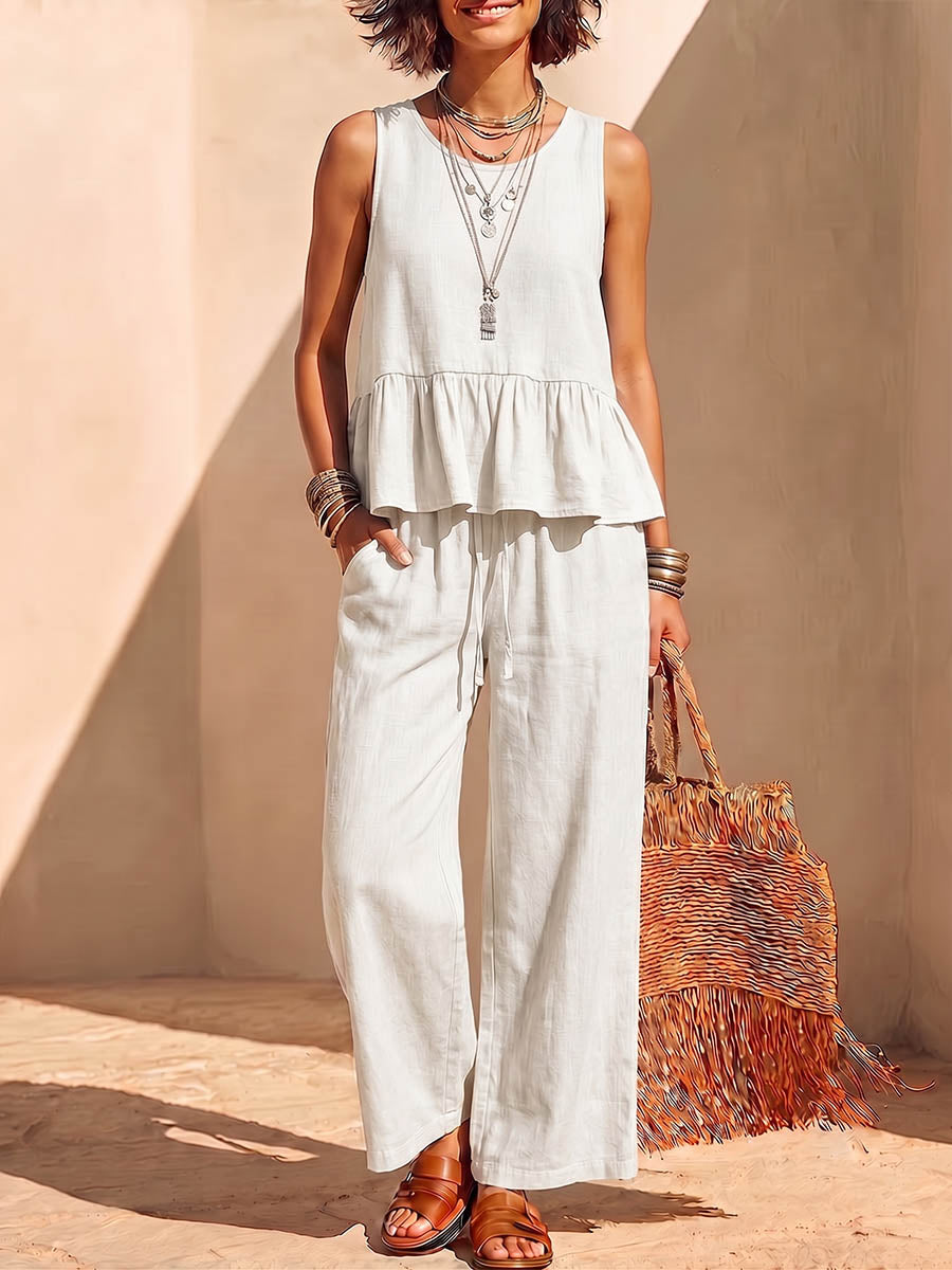 Conjunto para mujer de algodón y lino de color sólido: blusa sin mangas con cuello redondo y ajuste holgado, y pantalones de pierna ancha de talle alto.