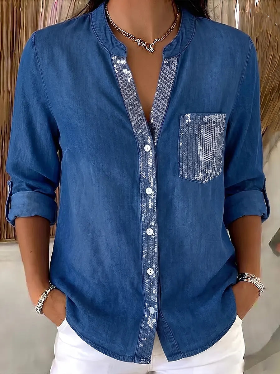 Chic paljettprydd denimliknande skjorta med knappar