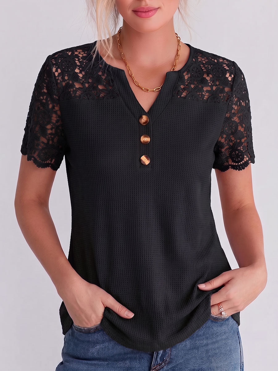 Damen Pullover mit V-Ausschnitt in Uni-Farbe, Waffelstrick, mit Spitzenstickerei – lässige, lockere Passform