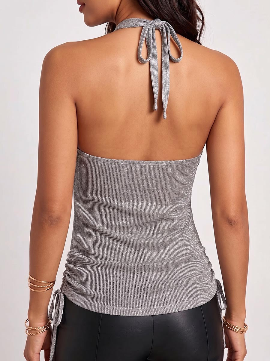 Top casual da donna a tinta unita con collo all'americana e coulisse, modello ampio