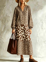 Damen Kleid mit Leopardenmuster, locker, künstlerisch, lässig und stilvoll, mit langen Ärmeln