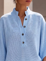 Minimalist Elegant Henley-neck Batwing-sleeve Knit Top