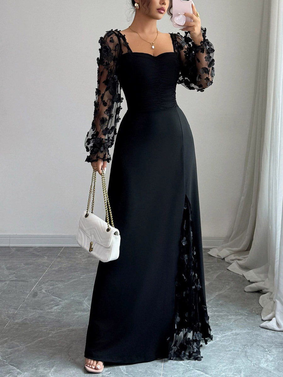 Abito lungo casual da donna elegante con pizzo floreale e patchwork artistico