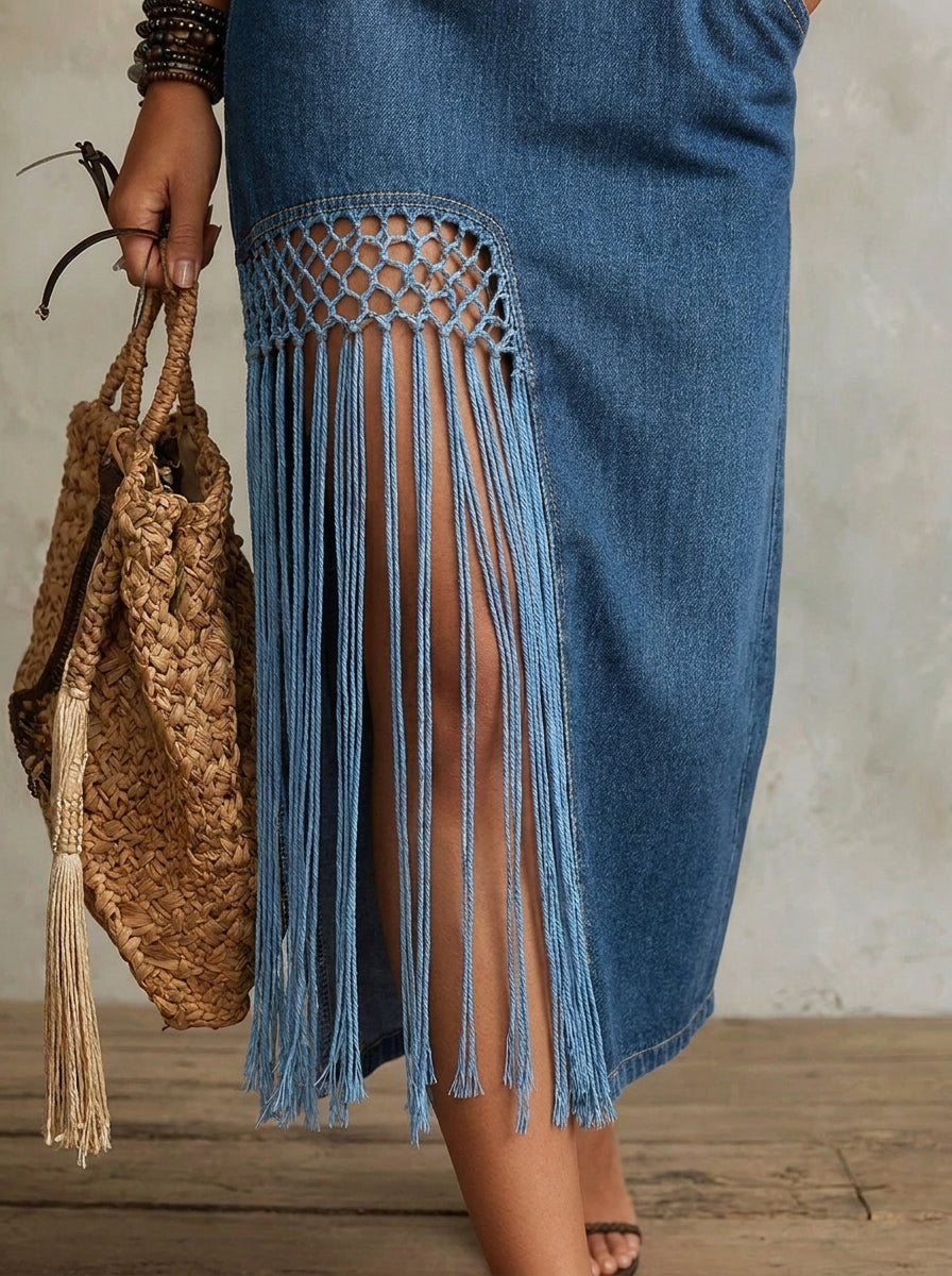 Vestito midi in denim da donna con scollo a V, maniche corte, frange, spacco e tasche