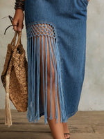 Vestito midi in denim da donna con scollo a V, maniche corte, frange, spacco e tasche