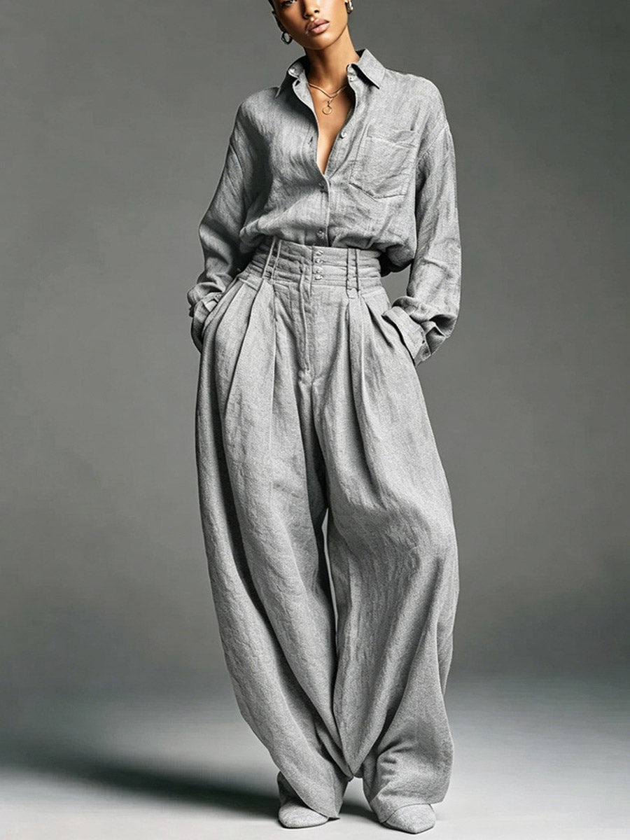 Damen Zweiteiler aus einfarbigem Stoff mit lässigem Kunst-Lapel-Oberteil und Hose