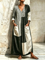 Vestito da donna in cotone e lino con maniche lunghe, scollo a V, stile casual artistico e patchwork geometrico ampio e alla moda