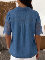 Top casual Henley in pizzo patchwork e denim