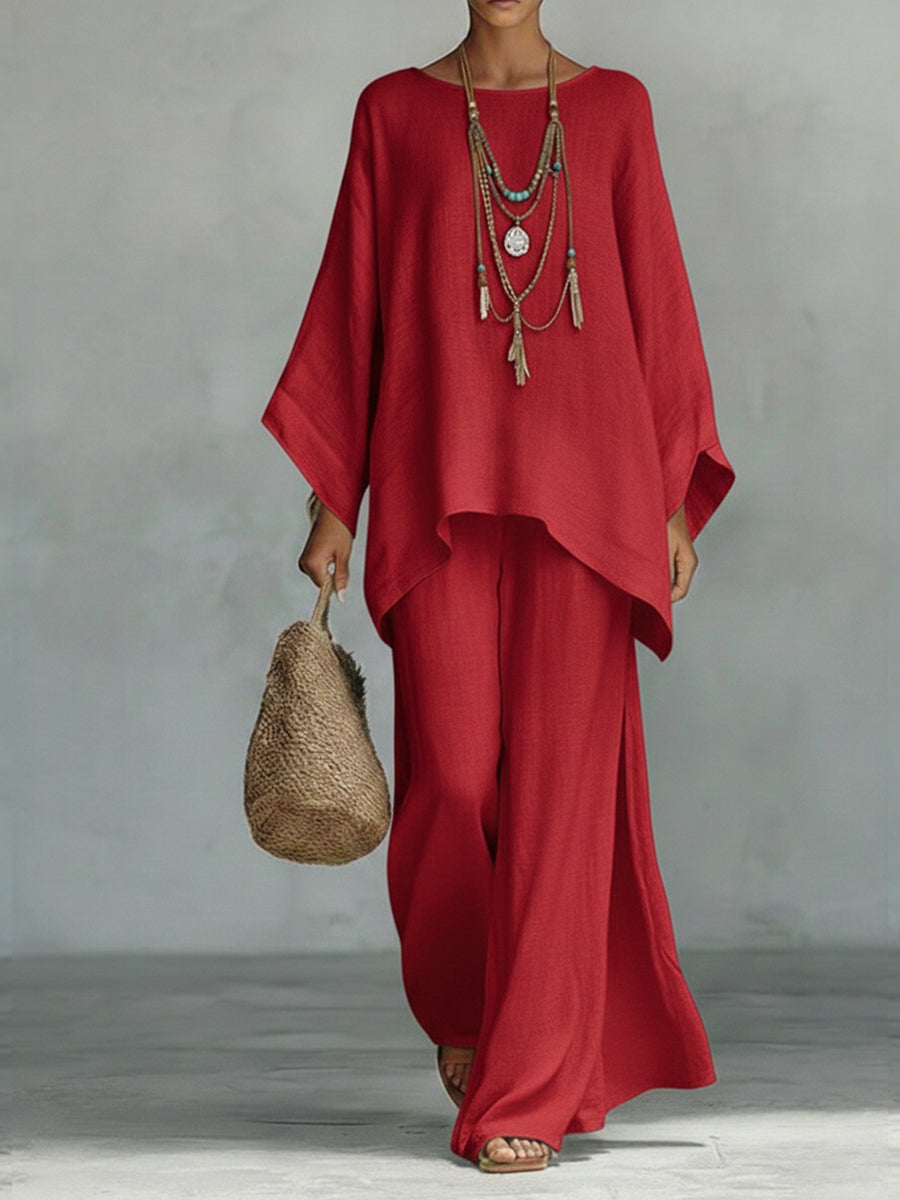 Set due pezzi da donna composto da top comodo e ampio in lino e cotone e pantaloni a gamba larga.