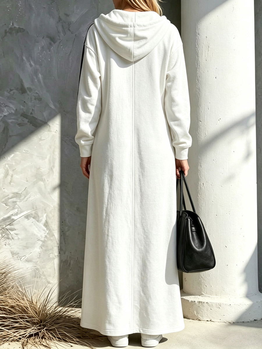 Color Block Hooded Loose Art Casual Long Sleeve Cotton Long Dress