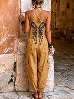 Tuta da donna senza maniche con scollo a V e pantaloni larghi — Casual, vestibilità ampia in misto cotone e lino con stampa posizionata