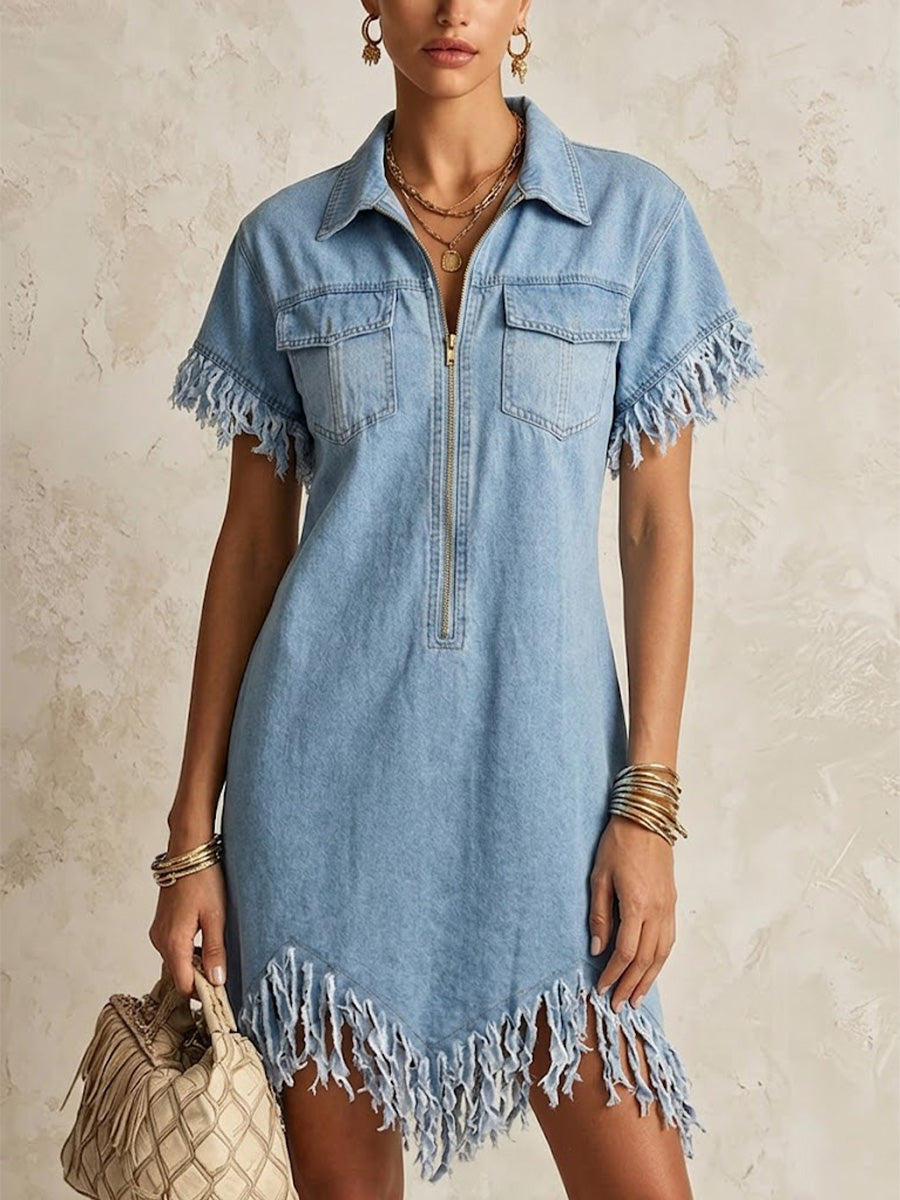 Waschbares Jeans-Minikleid mit halbem Reißverschluss, Fransen, rohen Kanten, kurzen Ärmeln und lockerem Schnitt