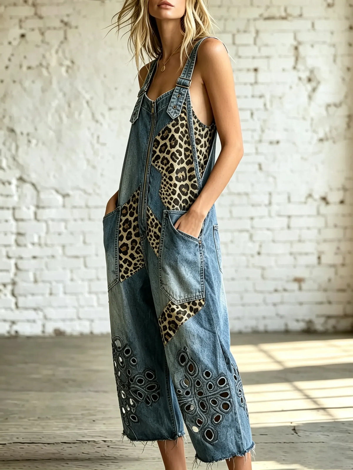 Dames Cropped Denim Overalls met Luipaard Patchwork en Eyelet Details