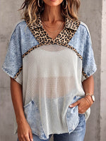 Vintage Elegantes Patchwork-Jeanshemd mit Leoparden-Cut-Outs