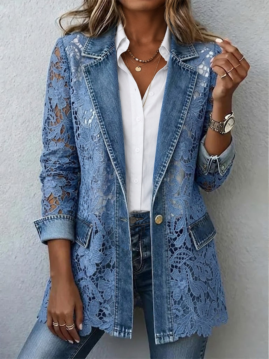 Stylische lässige Jeansjacke mit 3D-Spitzenpaneelen