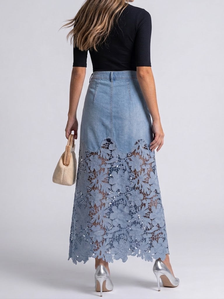 Gonna di jeans con pizzo patchwork, elegante e casual