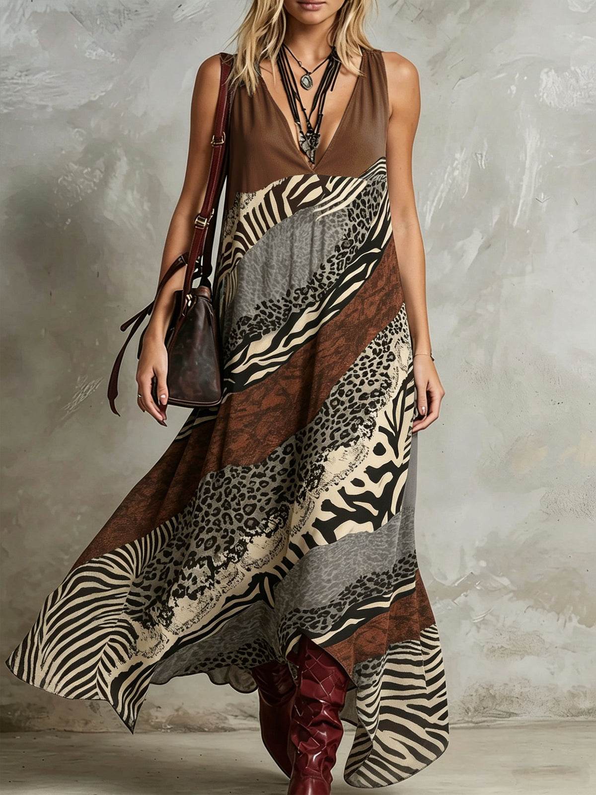 Abito lungo da donna in chiffon senza maniche con scollo a V e stampa mista animalier, con tasche laterali